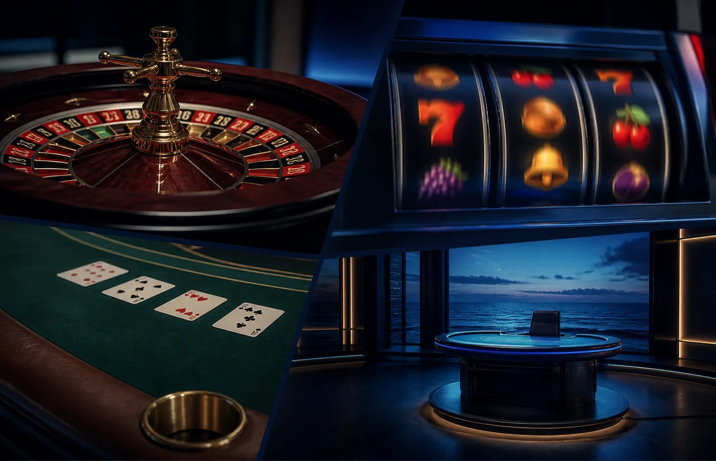 Ilustrasi kategori slot, roulette, permainan meja, dan studio kasino langsung